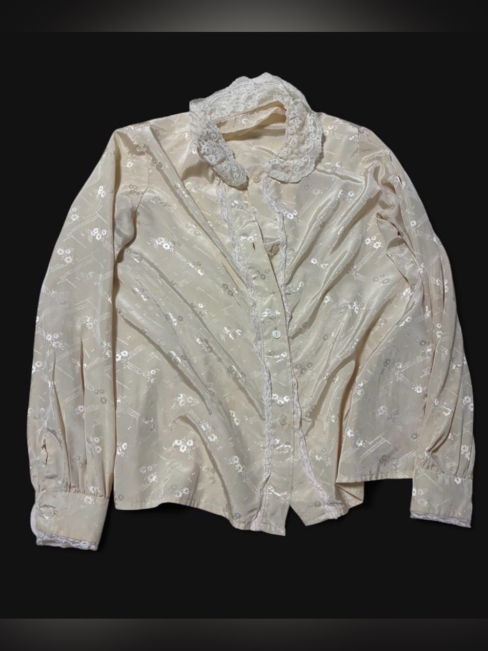 Vintage Lace-Trim Cream Button-Up Blouse